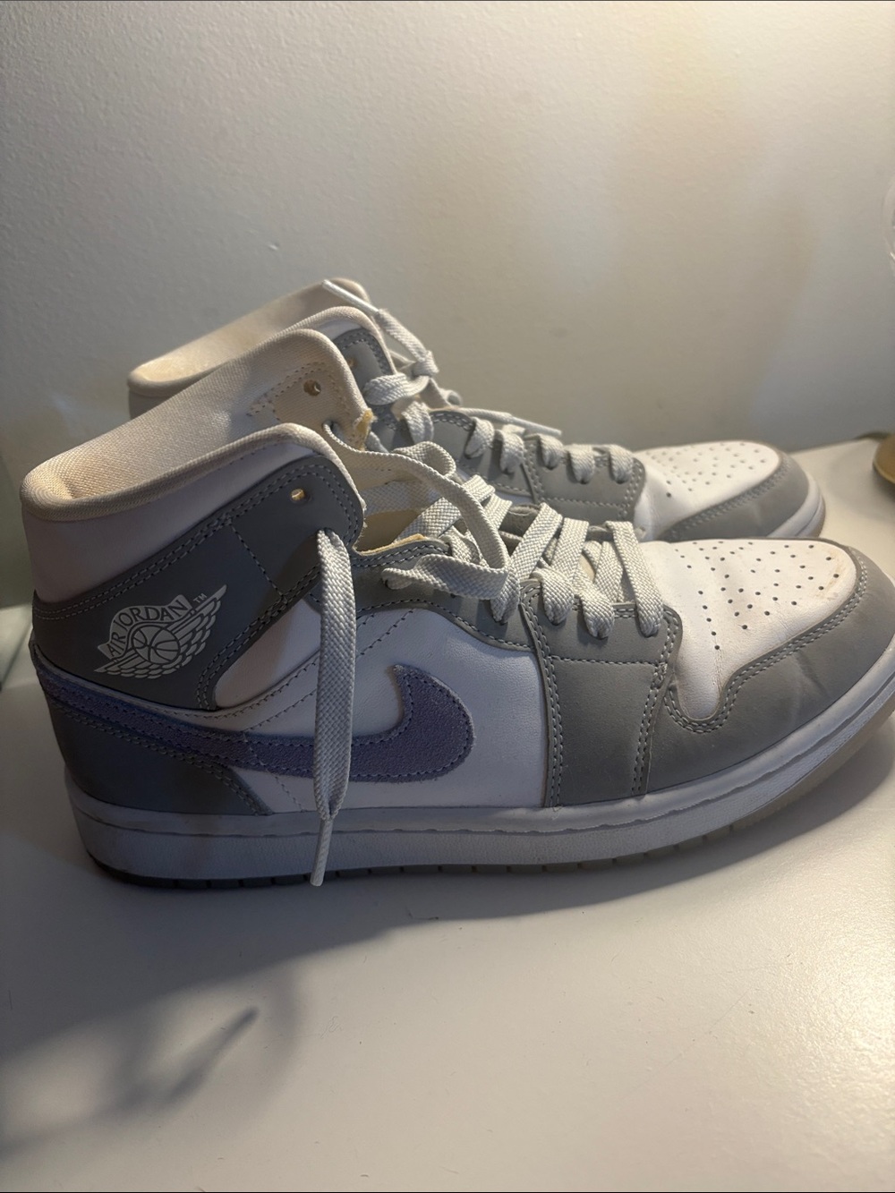 Jordan Mid-Top Sneakers in White, Light Gray & Lavender Swoosh
